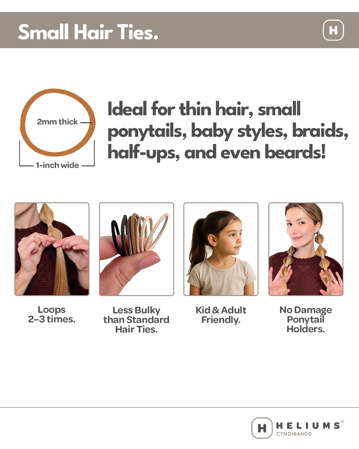 Heliums Small Hair Ties - Sandy Blonde - No Damage Mini 1 Inch Reusable 2mm Elastics for Thin Hair and Kids, Neutral Ponytail Holders - 48 Count