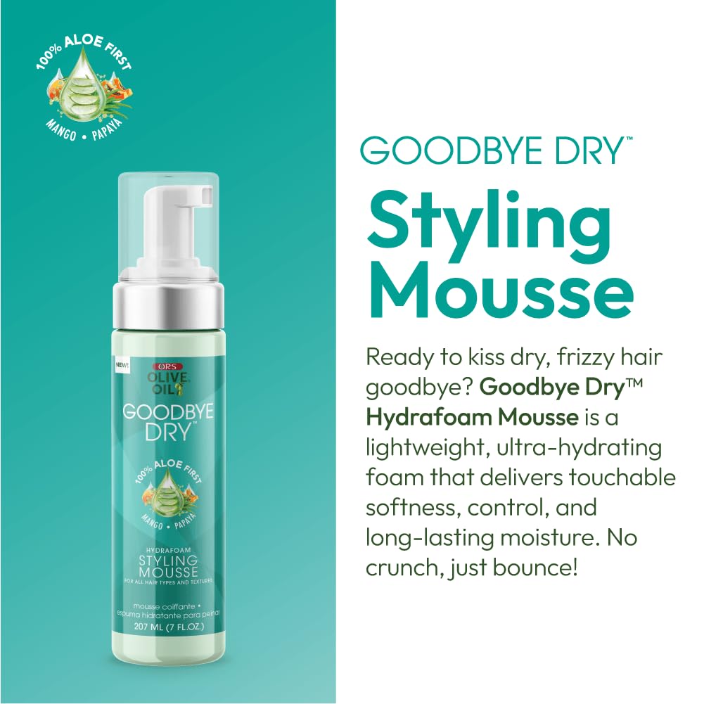 ORS Olive Oil Goodbye Dry Hydrafoam Styling Mousse with Aloe, Mango & Papaya, Hydration & Nourishing for all Hair Types and Textures 7 Ounces
