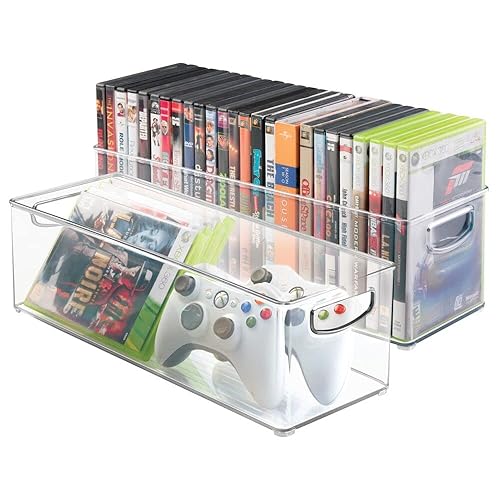 mDesign Household Storage Bin for DVDs, PS4 and Xbox Video Games - Pack of 2, Large, Clear