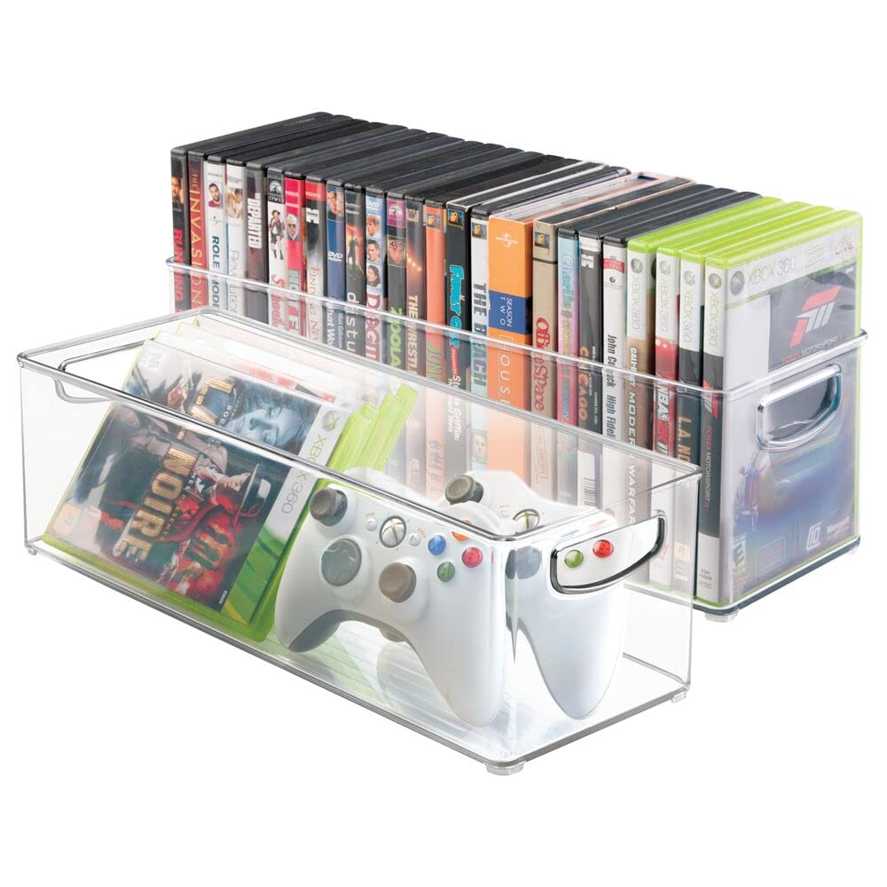 mDesign Household Storage Bin for DVDs, PS4 and Xbox Video Games - Pack of 2, Large, Clear