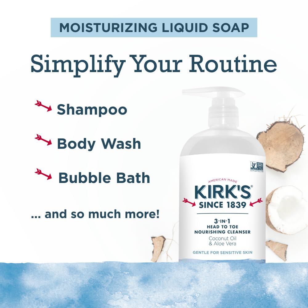Kirk's Original Fresh 3-in-1 Nourishing Cleanser and Travel Bar Soap, Shampoo Body Wash Bubble Bath, Coconut Oil and Aloe Vera, Vegan Non-GMO, 32 Fl