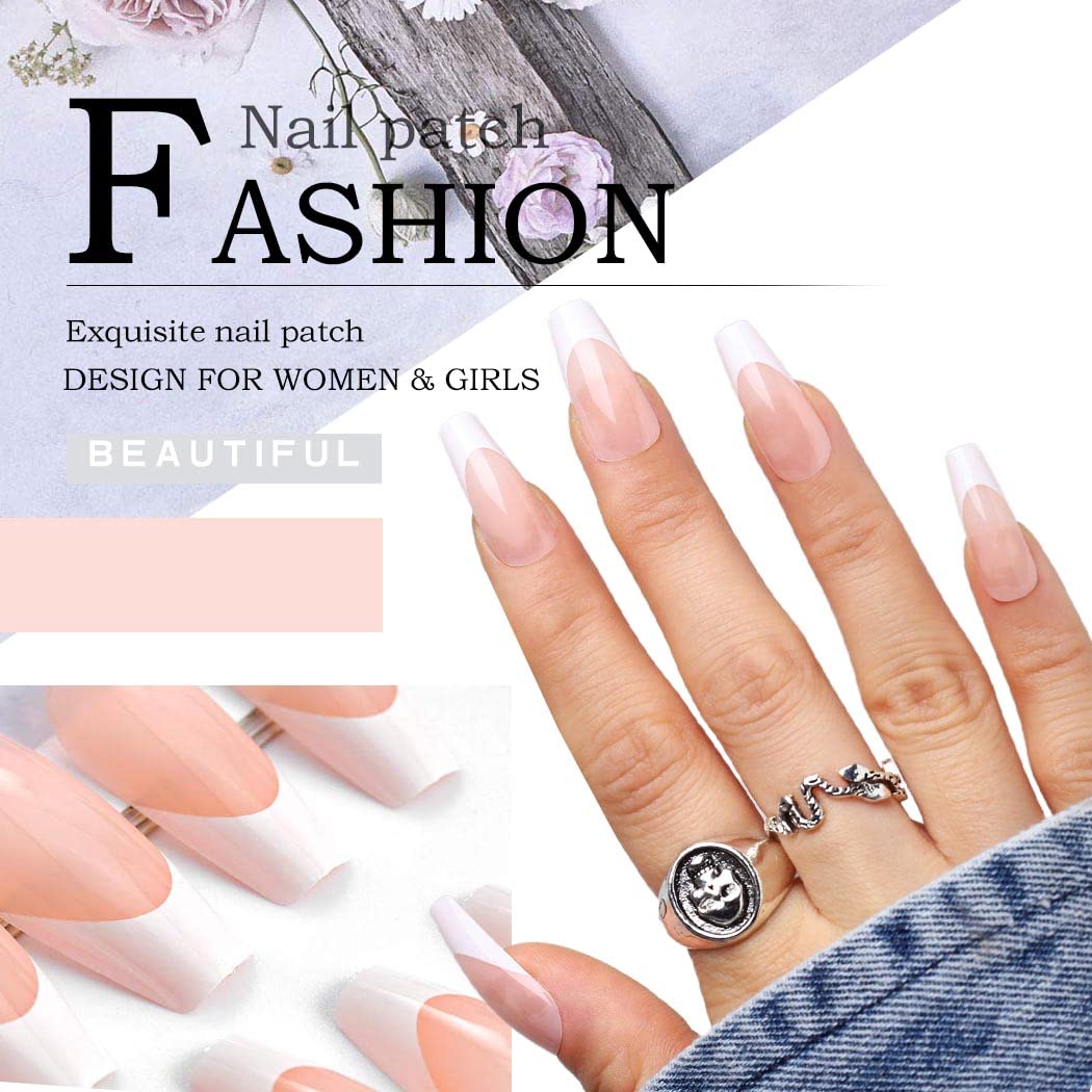 Aksod Long Coffin French Manicure Press on Nails Tips Glossy Pink Fake Nails Designed Ballerina Full Cover Artificial False Nails Tips for Women