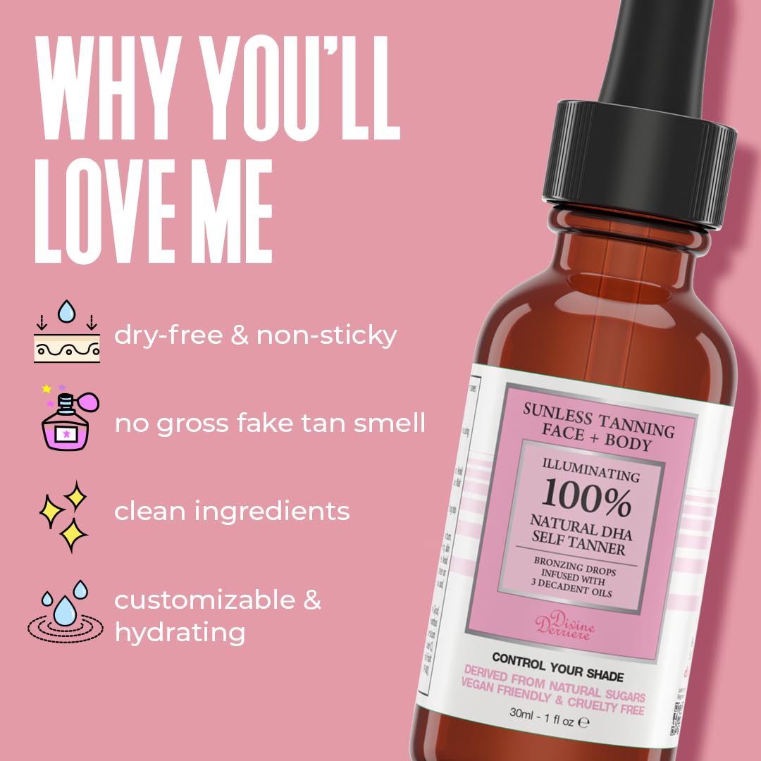 Divine Derriere Self Tanning Drops for Face - Self Tanner for A Maui Babe Body Glowing Tan - Body & Face Self Tanner Drops for a Natural Looking Self