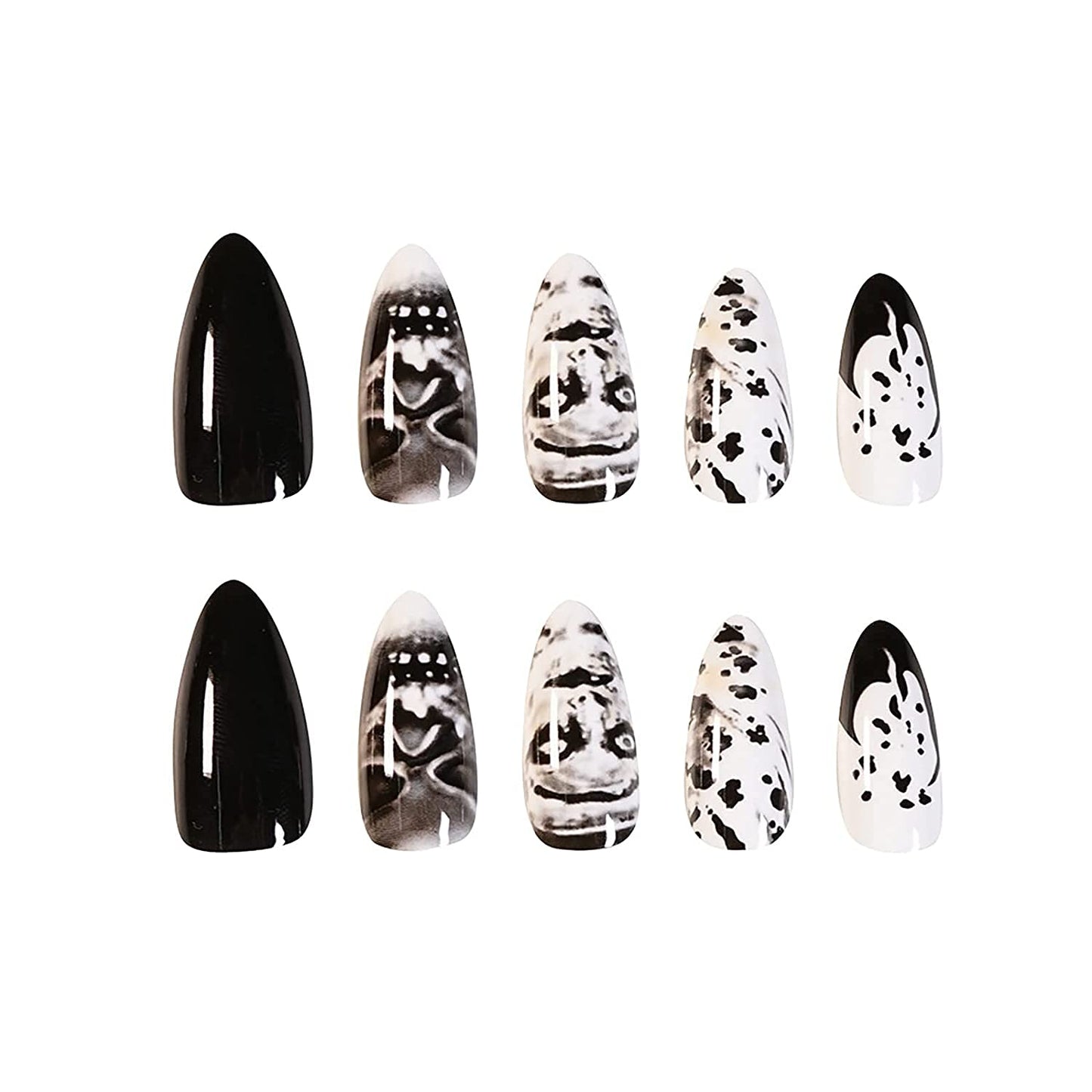 BABALAL 24Pcs Medium Stiletto Fake Nails Black Skull False Nails Punk Full Cover Artificial Halloween Press on Nails Almond Acrylic Nails for Women
