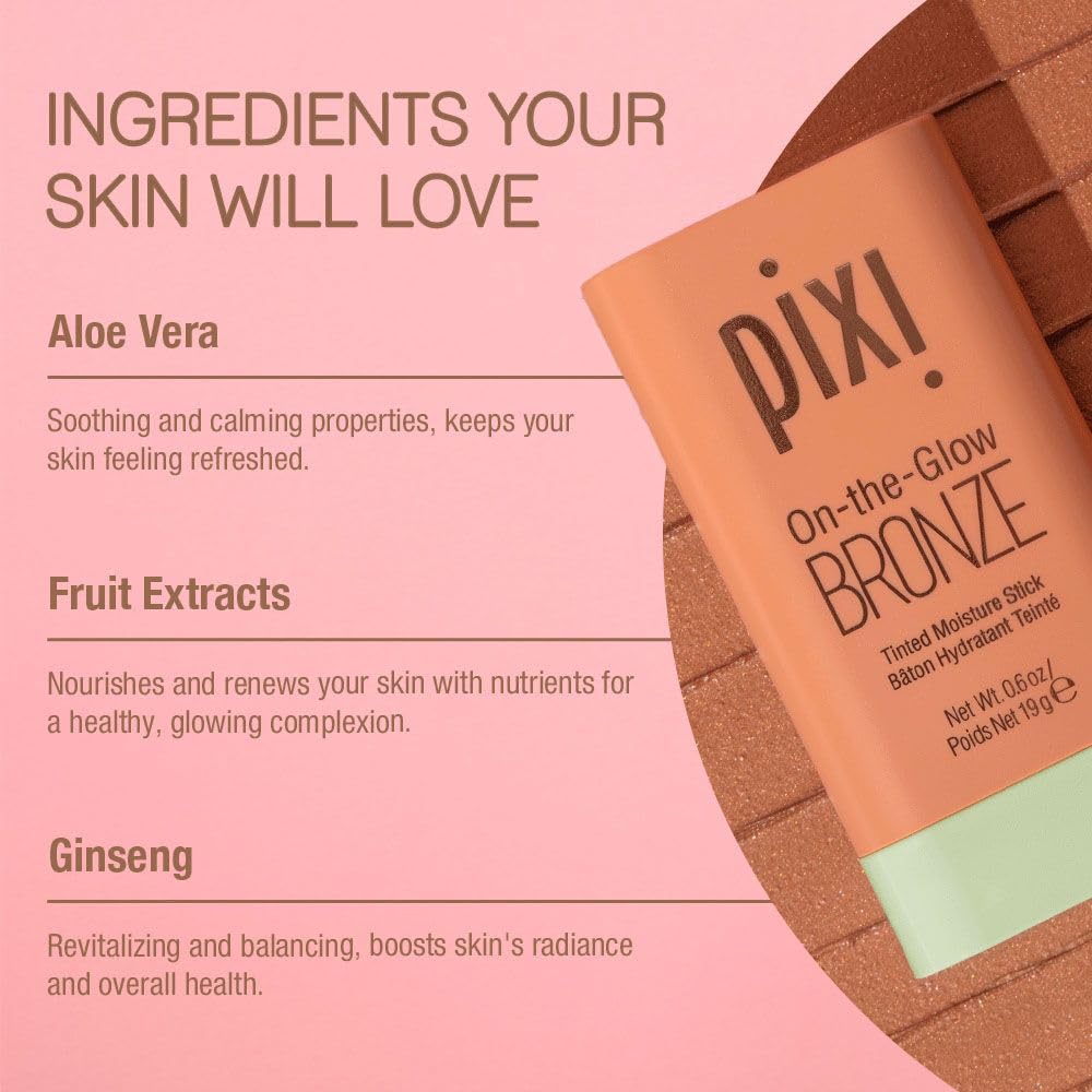 Pixi On-the-Glow Bronze - RichGlow, Hydrating Tinted Moisture Bronzer Stick with Ginseng, Aloe Vera & Fruit Extracts, For Cheeks & Lips, 19g / 0.6oz