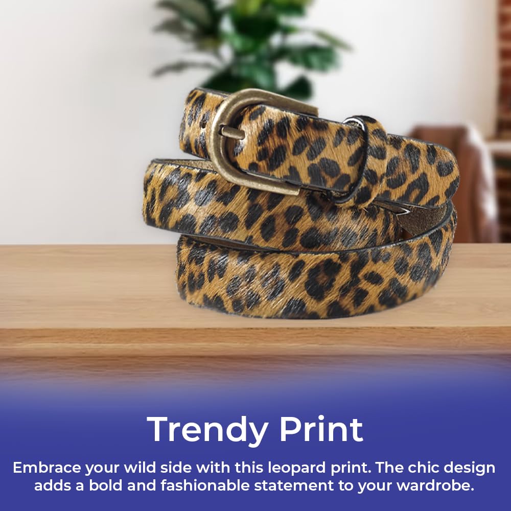 SAGEFINDS Leopard Print Leather Belt for Women, Fashion Waist Belt for Jeans and Dresses, Brass Buckle, 1” Wide