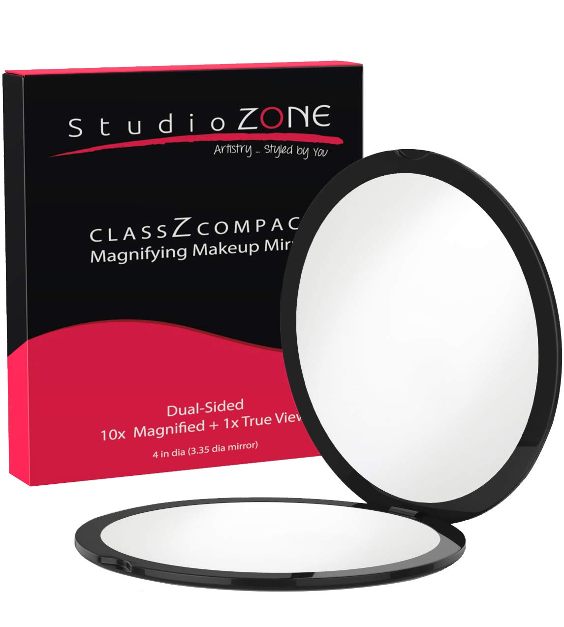 Compact Mirror - 10X Magnifying Mirror - Perfect for Purses - Small Travel Size - 2-Sided with 10X magnification and 1x w No Zoom - Black ClassZ Large