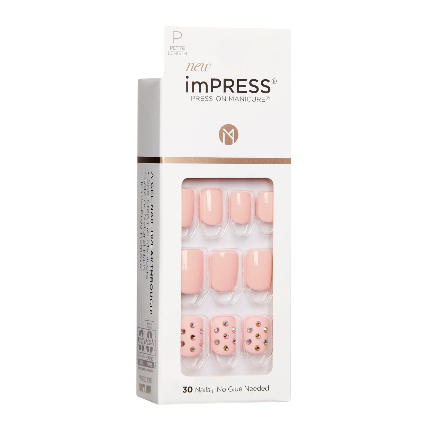 KISS imPRESS No Glue Mani Press On Nails, Design, 'Petite Secrets', Pink, Petite Size, Squoval Shape, Includes 30 Nails, Prep Pad, Instructions Sheet