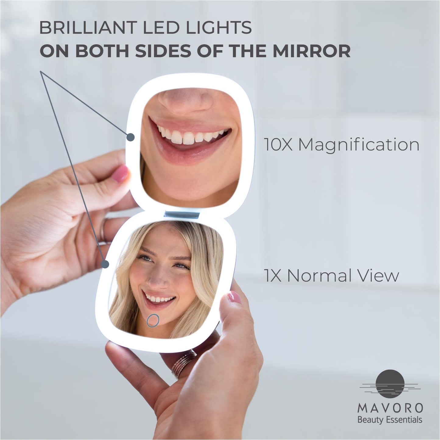 Mavoro LED Lighted Travel Makeup Mirror | 1x/10x Magnification | Rechargeable USB-C | Pocket & Purse Portable Lighted Travel Makeup Compact Mirror
