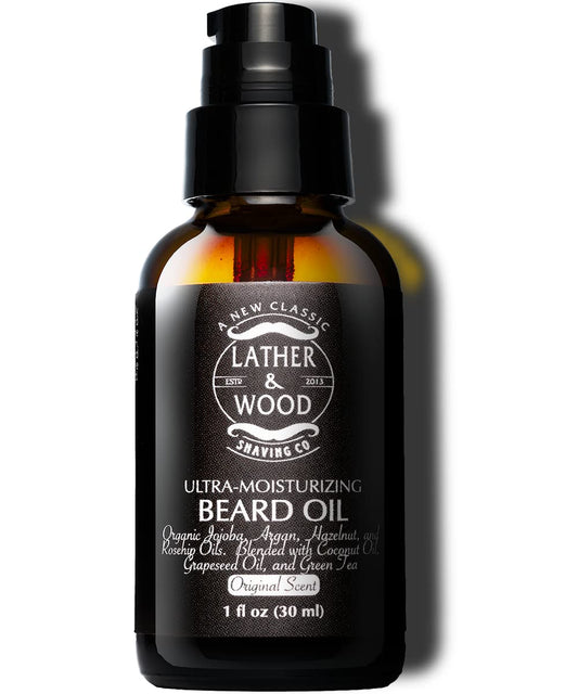 Lather & Wood Beard Oil For Men - Premium Blend - Spill-proof Pump - Original Scent - 1oz