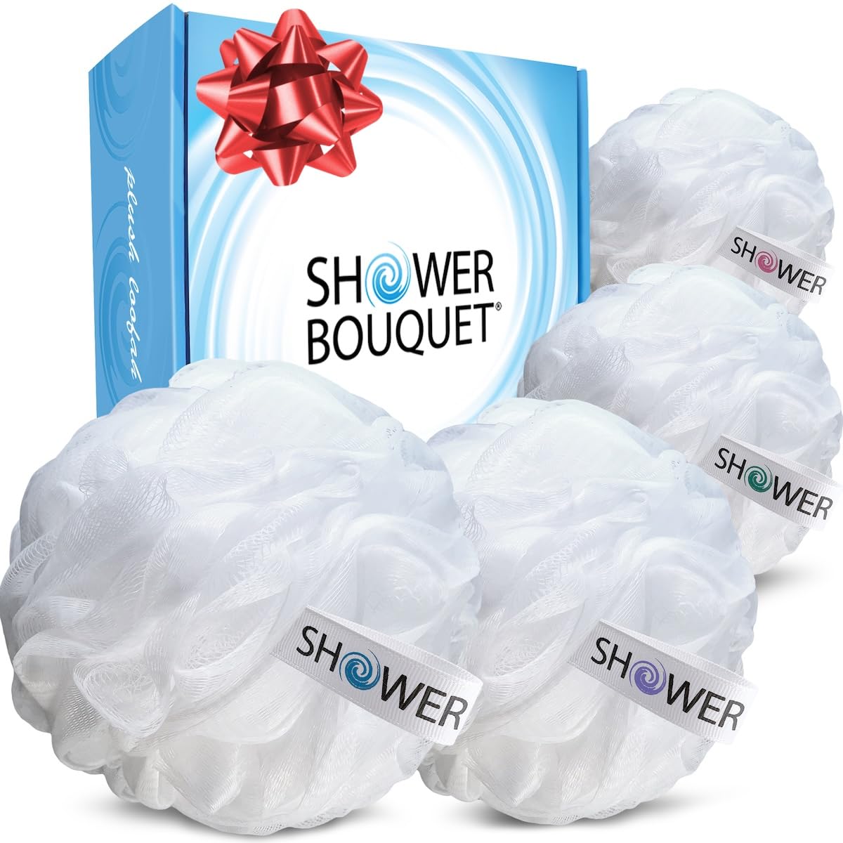 SHOWER BOUQUET Loofah Soft-White-Cloud XL Bath-Sponge 4-Pack // Extra Large 75g Mesh Loofa Lufa Pouf Set for Men and Women - Exfoliate with Big Gentle