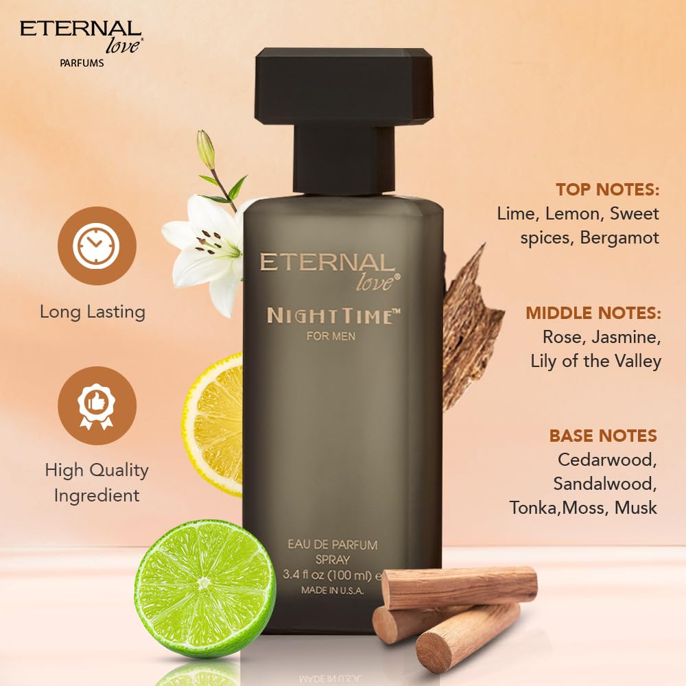 Eternal Love Nighttime for Men - Long Lasting Eau de Parfum Spray - Clean Masculine Fragrance with Rose & Jasmine - Warm Sophisticated Scent - 3.4oz