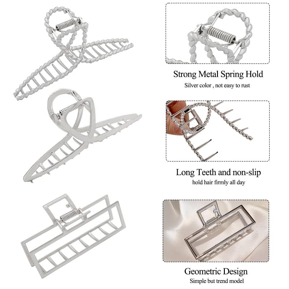 3pcs Hair Claw clips for Women, Metal Silver Large Hair clips for Thick Thin Hair, Geometric Cross Square Jumbo Catch Barrette Clamps, Fashion Hair
