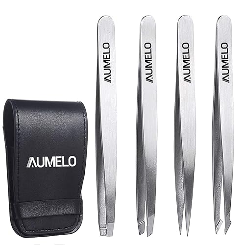 Tweezers Set 4-Piece Professional Stainless Steel Tweezers Gift with Travel Case by Aumelo - Best Precision Eyebrow and Splinter Ingrown Hair Removal