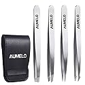 Tweezers Set 4-Piece Professional Stainless Steel Tweezers Gift with Travel Case by Aumelo - Best Precision Eyebrow and Splinter Ingrown Hair Removal