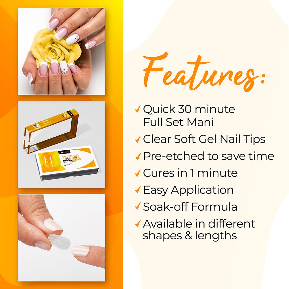 IBD Clear Soft Gel Nail Tips - Pre-Etched Medium Square Full Cover Press On Nails Extensions for Gel & Acrylic, Salon & Home DIY Manicure, 504 Pcs 12 Beauty & Personal Care IBD