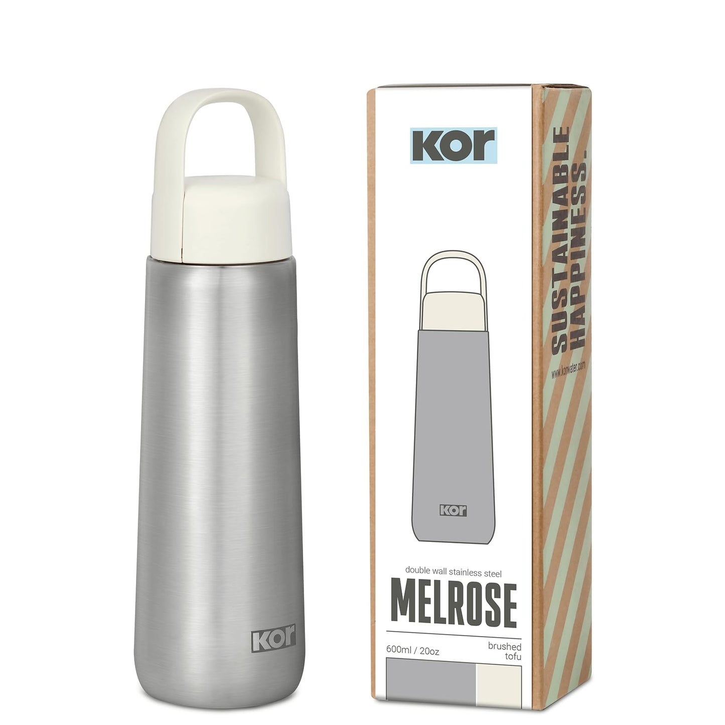 Kor Melrose 20oz Double Wall Insulated Water Bottle - Keeps Beverages Hot for 12hrs, Cold for 24hrs - Stainless Steel Design - Contoured Perfect