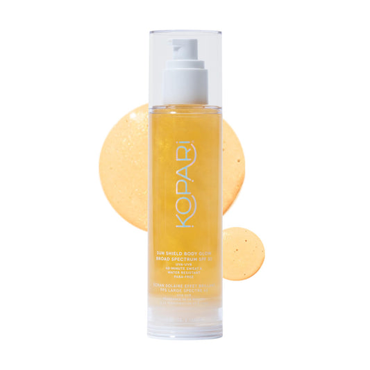 Kopari Sun Shield Body Glow, Broad Spectrum SPF 50, Lightweight Shimmering Gel Texture Absorbs Quickly, Non Sticky, Glowing Results, Gold 5 oz