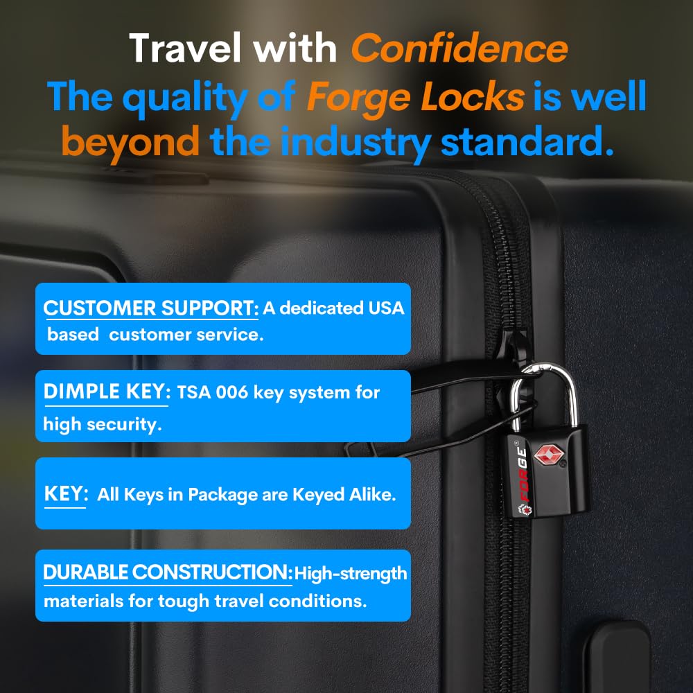 Forge TSA Approved Luggage Locks – 2 Pack Ultra Secure Dimple Key Locks, 1" Wide x 1.8" Tall Alloy Body Travel Padlocks (Black)