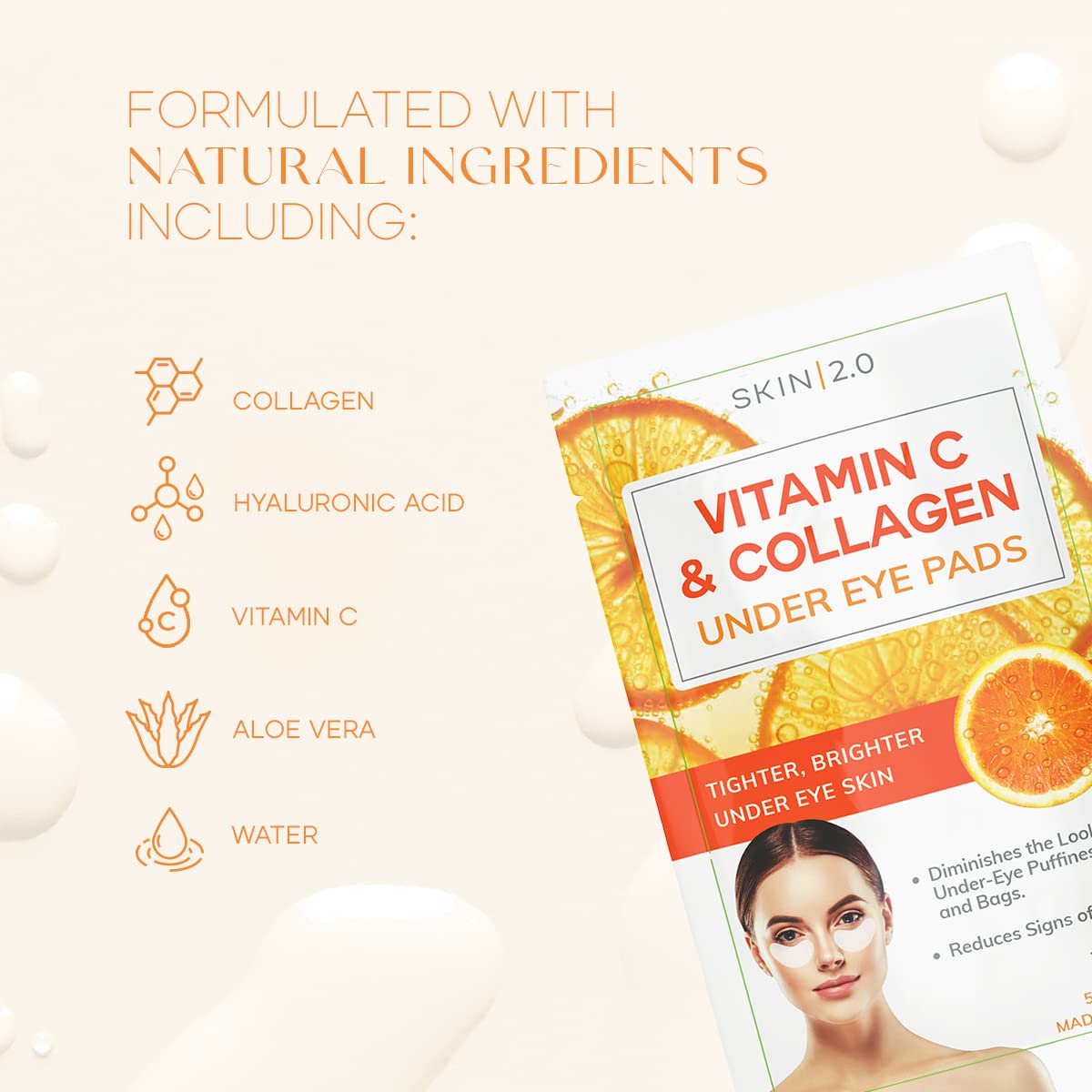 Skin 2.0 Vitamin C & Collagen Under Eye Patches - Dermatologist Tested - Brightens Dark Circles, Tightens Under Eye Area, Anti-Aging - Natural