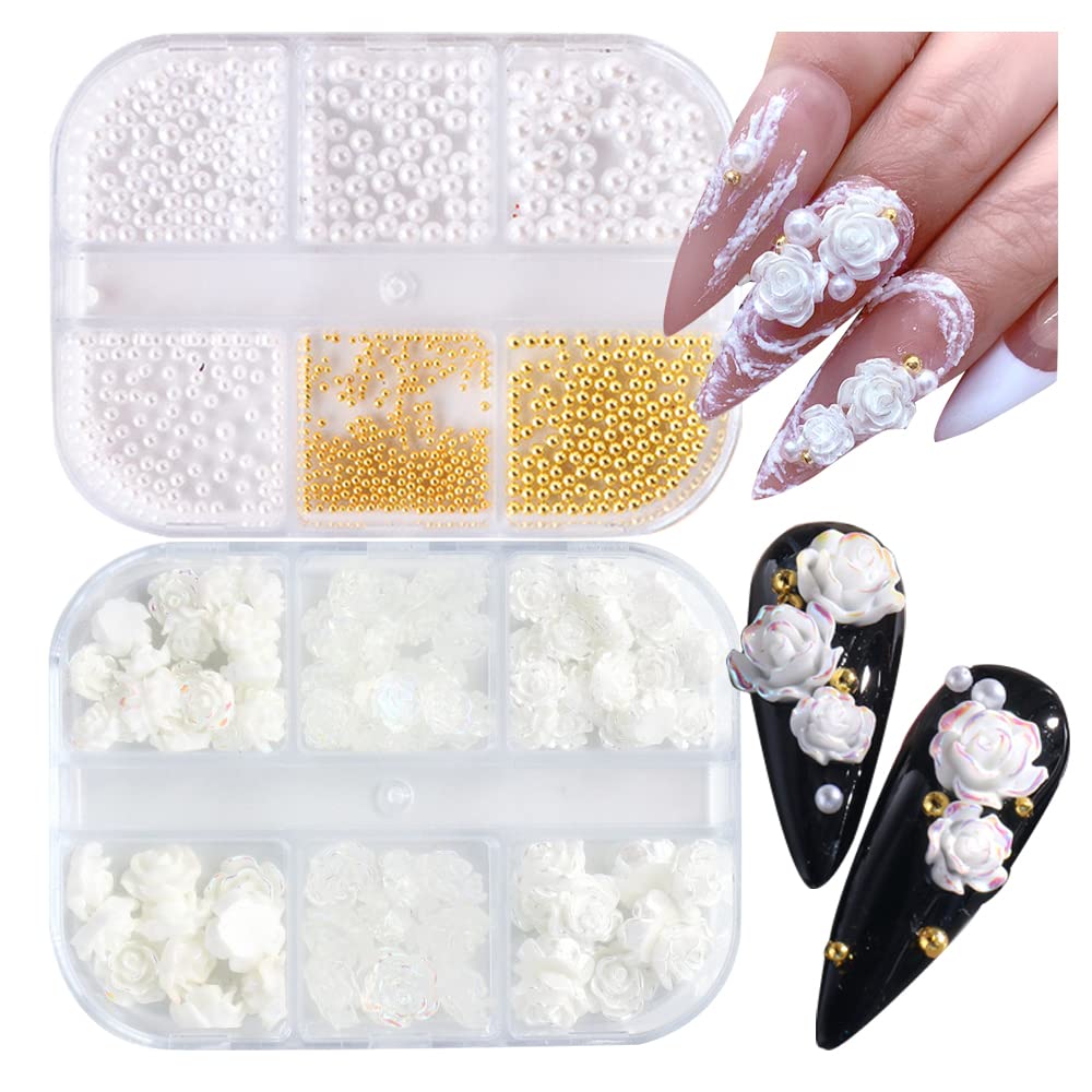 UARUOGP 90 Pcs 5D Mixed White Flower Camellia Nail Art Set and 900 Pcs 3D Nail Art Supplies Round Pearls Caviar Beads Nails Charms Tips Glitter