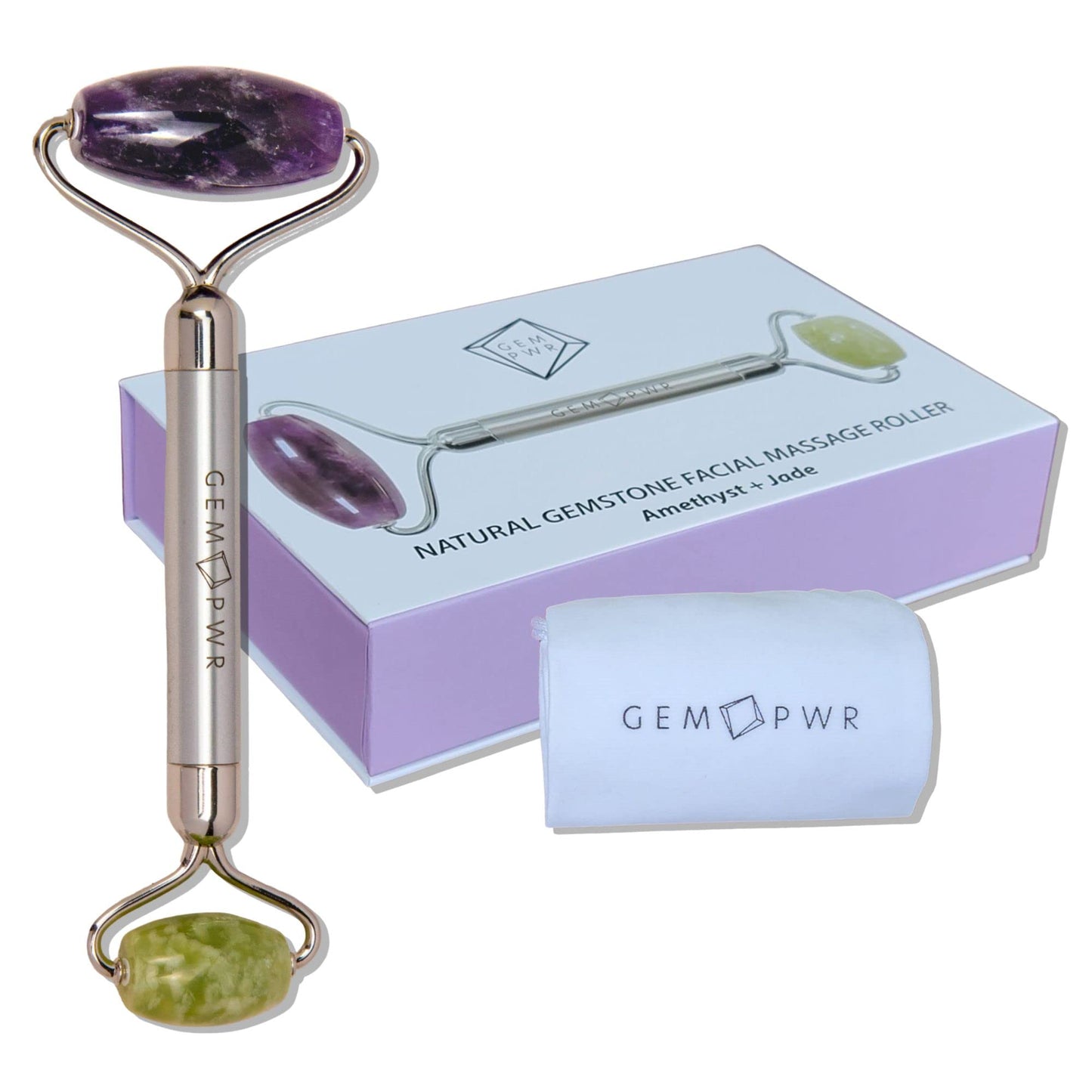 GEM PWR Amethyst + Jade Roller for Face and Neck Massage, Dual Gemstones with Durable Steel Handle and Travel Bag. Minimize Wrinkles, Reduce Puffiness