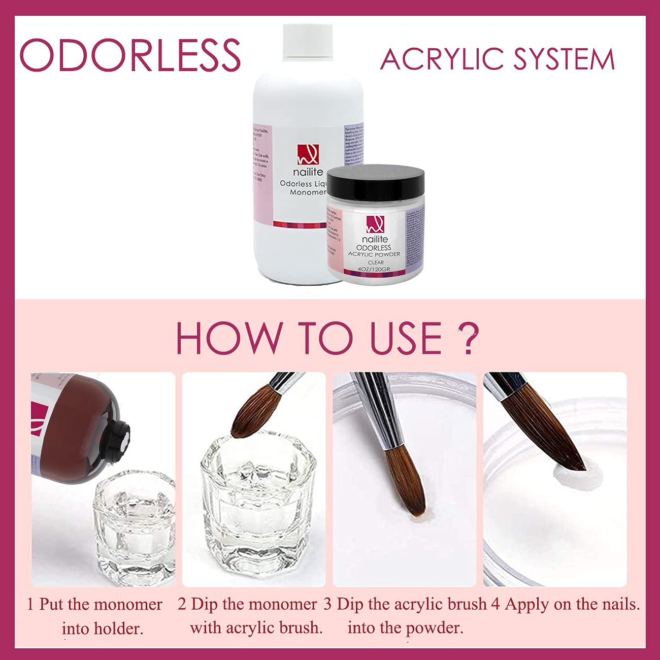 Nailite Odorless Liquid Monomer + Pink Acrylic Powder - Professional System for Nail Extension, Non-Yellowing Effect and EMA Formula - Kit 8 Oz. Beauty & Personal Care Nailite