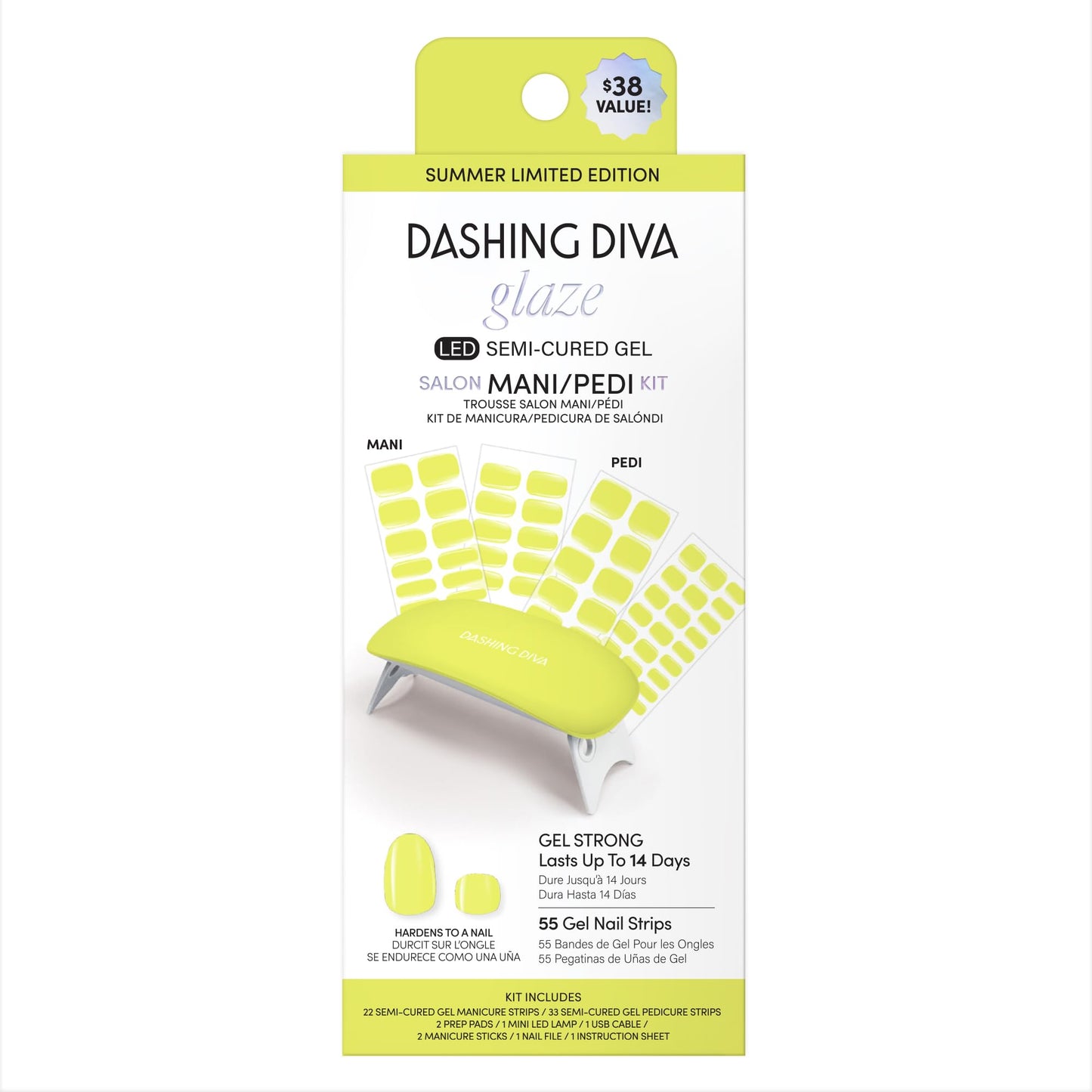 Dashing Diva Glaze Mani Pedi Kit - The Limone Glaze - Comes with LED Nail Lamp - Long Lasting, Semicured Gel Nail Strips for Toes & Hands Beauty & Personal Care Dashing Diva