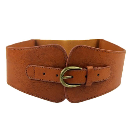 szzoqdz SUPER WIDE Women Ladies Vintage Faux Leather Totem Print Elastic Stretch Corset Cinch Belt (Brown)