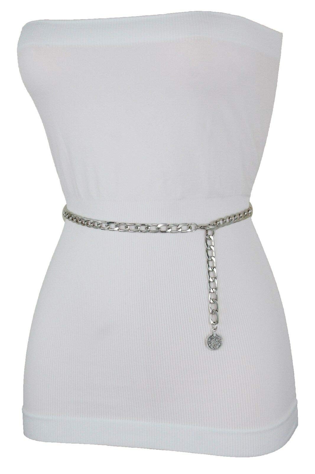 TFJ Women Fashion Belt Hip High Waist Silver Metal Chains Coin Charm Buckle M L XL