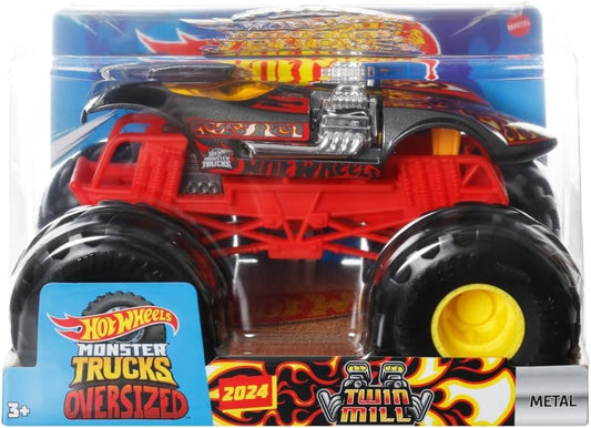 Hot Wheels Monster Trucks Oversized Twin Mill 1:24 Scale Die-Cast Vehicle, Red and Black, Giant Wheels, Ages 3-8 Years