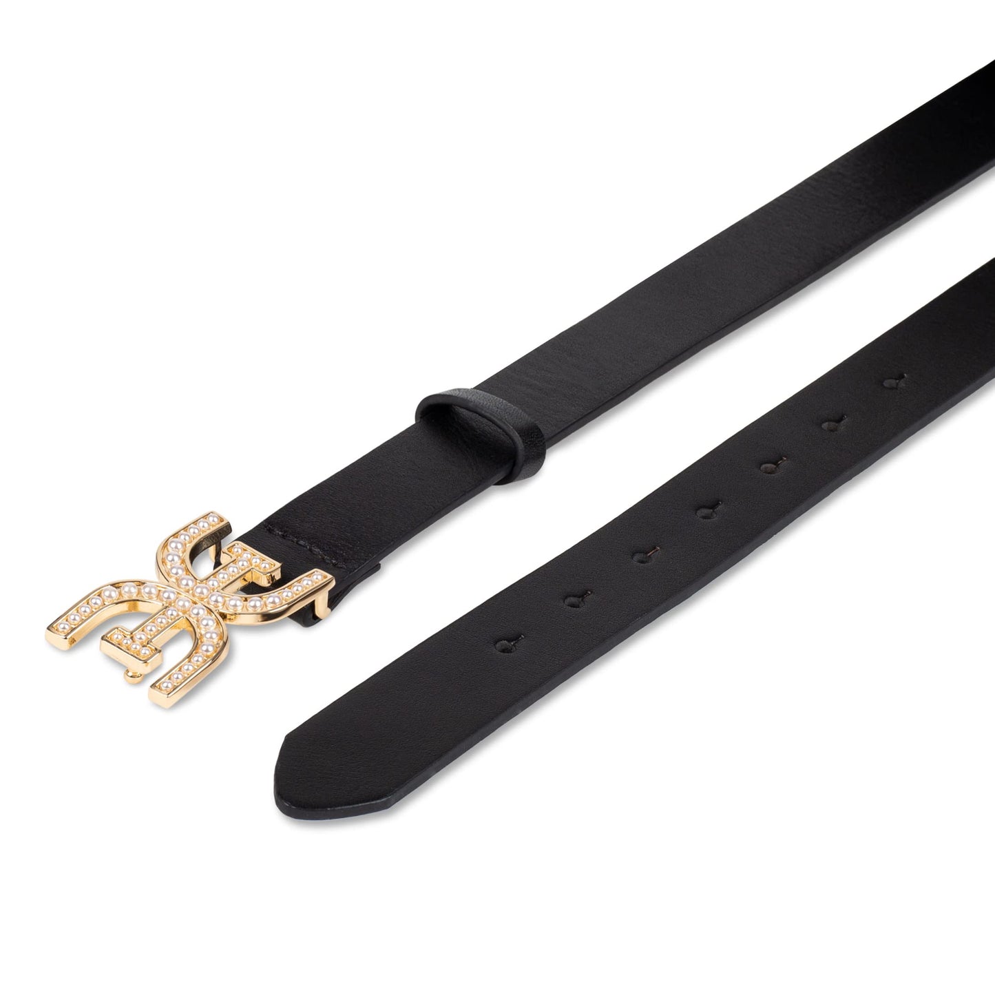 Sam Edelman Women's Pearl Embellished Double-E Logo Plaque Buckle Belt, Black, Small