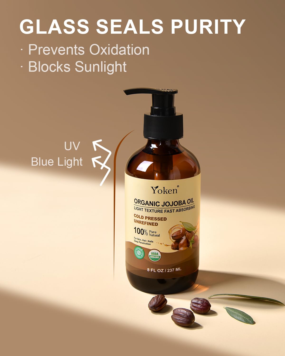 Yoken Organic Jojoba Oil in Glass Bottle 8oz, USDA Organic for Hair & Skin Beauty and Personal Care Yoken