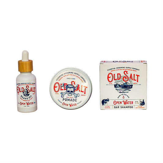 Open Water Trio - Old Salt Grooming Supply - Beard Oil, Pomade and Bar Shampoo Set with Undaria Sea Kelp - Handcrafted, Natural, No Harsh Chemicals