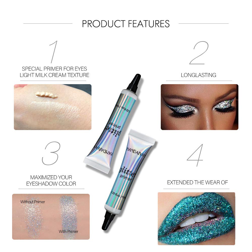 MAEPEOR Cosmetic Glitter Glue Long Lasting Makeup Glitter Primer Gel Waterproof and Smudgeproof Primer Base Glue for Body Eyes Face Lip (10 ml, 2 PCS)
