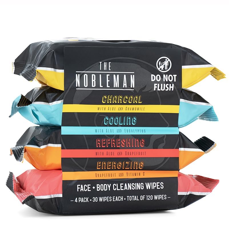 The Nobleman Face & Body Cleansing Wipes - Charcoal Cooling Refreshing Wipes with Aloe Vera, Chamomile, Grapefruit & Vitamin C, Mens Body Wipes