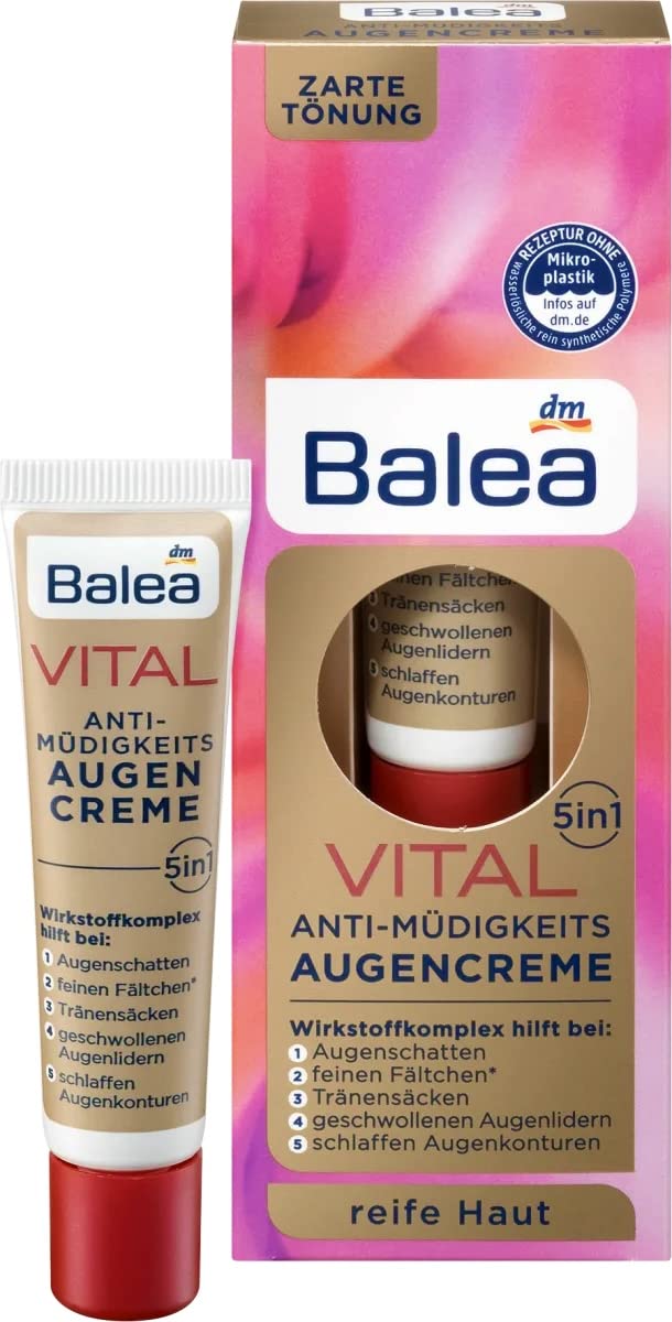 Balea VITAL Anti-Fatigue Eye-Cream 5in1 - Helps Reduces Lines, Wrinkles, Puffiness & Shadows (15ml) - For Mature Skin Ages 40 to 60+ (Not tested