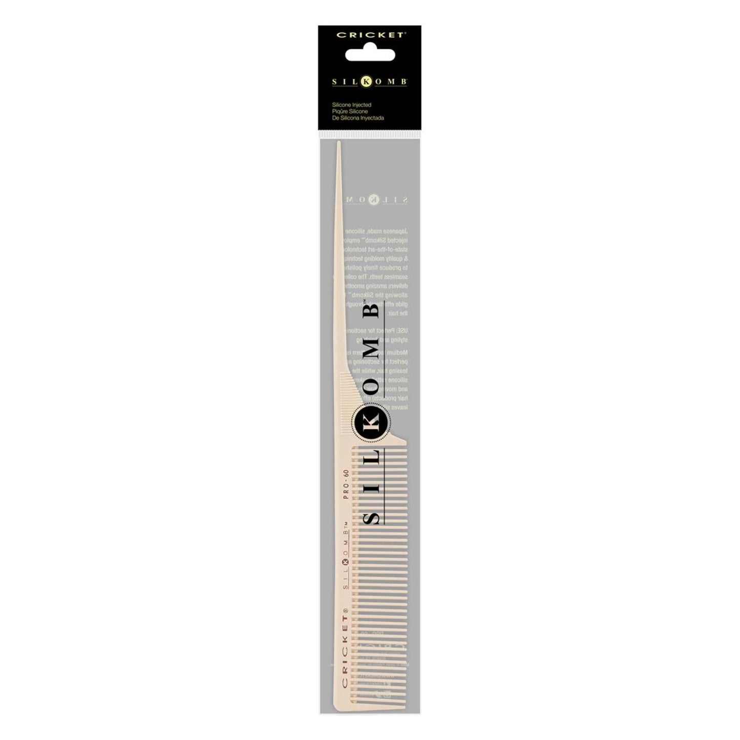 Cricket Silkomb Pro-60 Medium Tooth Rattail Comb - Japanese-Made, Silicone-Injected Design with Seamless Teeth for Precision Sectioning, Teasing