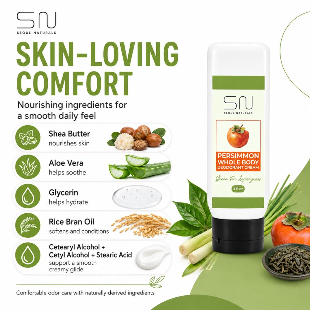 Seoul Naturals Persimmon Whole Body Deodorant Cream 2 Pack, Green Tea Lemongrass Scented, Eliminates Nonenal Odors, k beauty inspired, 8fl oz, 2 x 4fl Beauty and Personal Care Seoul Naturals