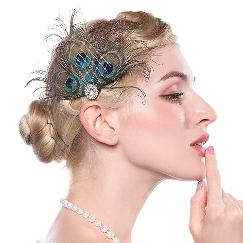 Aimimier 1920s Flapper Peacock Feather Hair Clip Crystal Hair Piece Vintage Roaring 20s Prom Party Festival Hair Accessories for Women