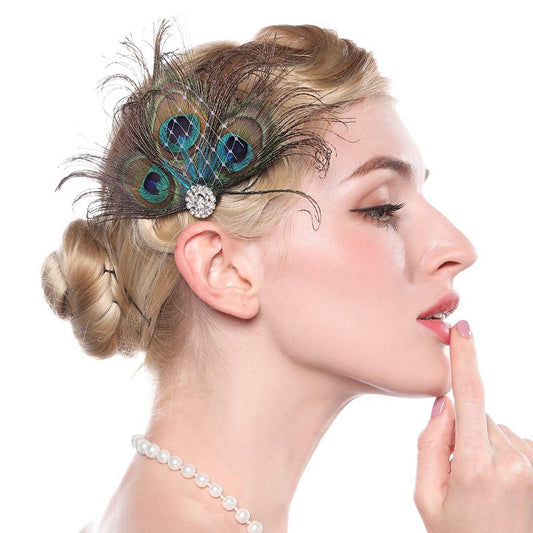 Aimimier 1920s Flapper Peacock Feather Hair Clip Crystal Hair Piece Vintage Roaring 20s Prom Party Festival Hair Accessories for Women
