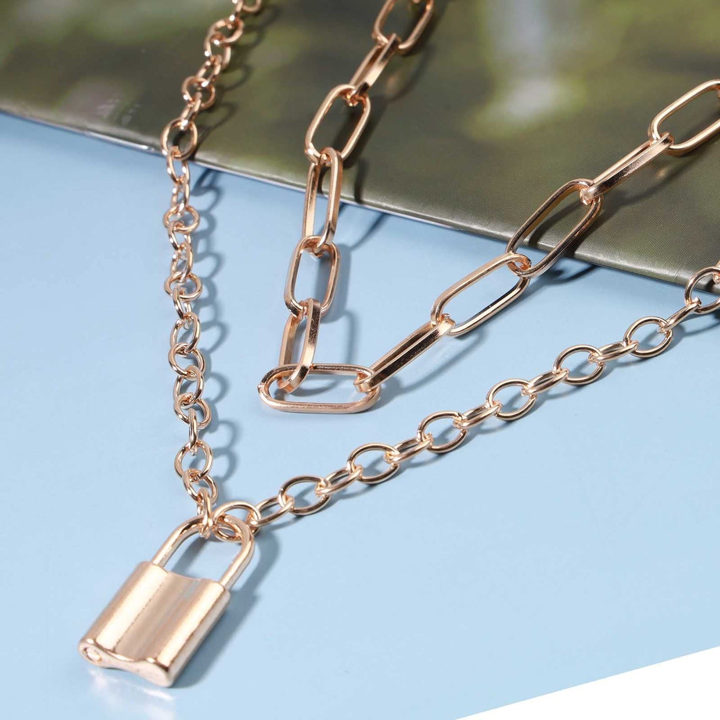 Yheakne Punk Layered Lock Choker Necklace Gold Padlock Pendant Necklace Chunky Paper Clip Chain Necklace Vintage Statement Necklace Chain Jewelry