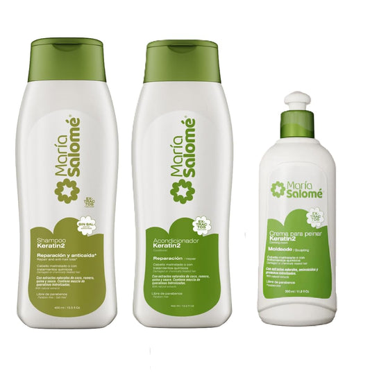 Maria Salome Keratin2 Hair Repair and Loss Prevention kit of Shampoo 13.5 fl.oz. - Conditioner 13.5fl.oz. - Cream 11.8 fl.oz. Natural Products