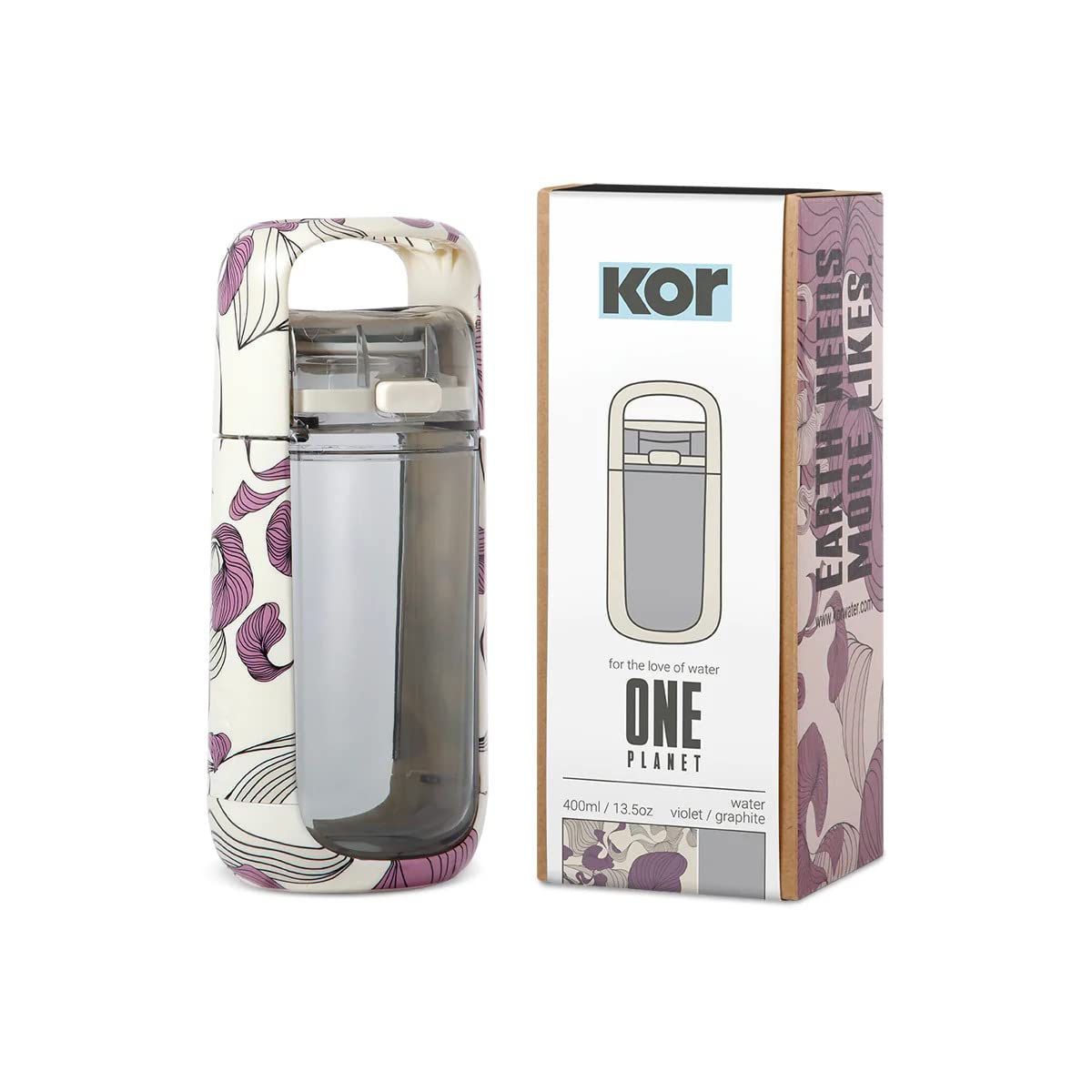 KOR One Planet 13.5oz Tritan Water Bottle with Lid Safety Lock, One Click Open Cap and Ergonomic Carry Handle - Features Unique Water-Dipped Designs…