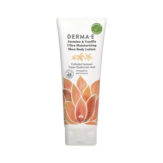Derma E Jasmine and Vanilla Ultra Moisturizing Shea Body Lotion - Vegan Hyaluronic Acid and Vitamin E Moisturizer for Dry Skin - Cruelty Free