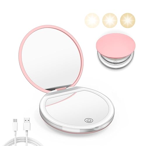 Kakuje Compact Mirror with Light, 1X/3X Magnification LED Pocket Mirror with USB Data Cable,Mini Mirror for Purse, Pocket,Travel and Present (Pink)