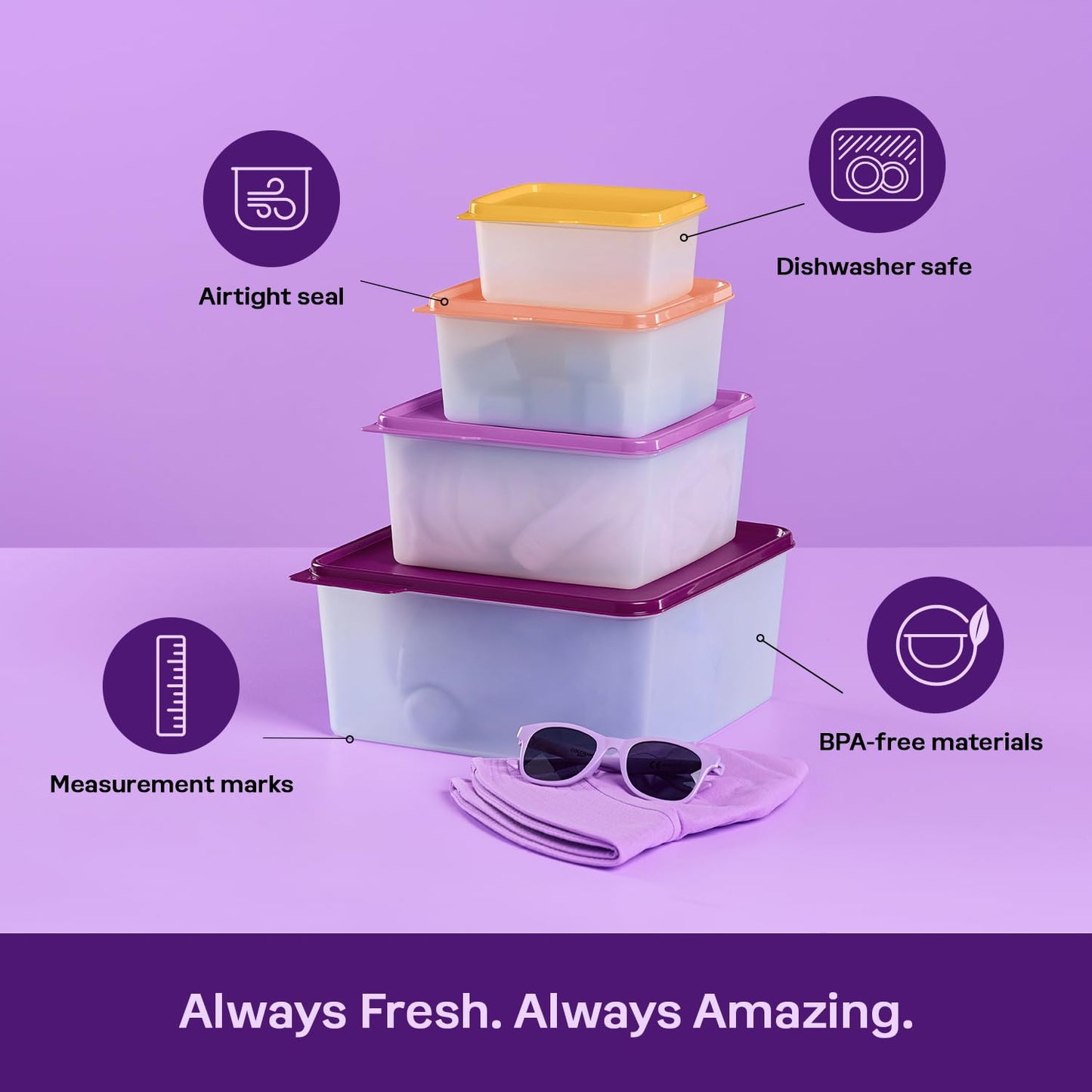 Tupperware Keeptabs 4-Container Stacking Food Storage Set, Multi Color Lids, Nestable, Dishwasher Safe and BPA Free (4 Containers, 4 Lids)