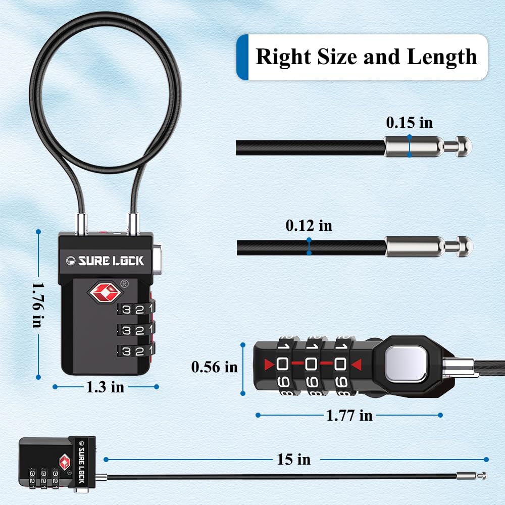 SURE LOCK TSA Approved Luggage Lock – 3-Digit Combination with Open Alert, Extra Long Cable, Easy-Read Dials for Suitcase & Travel