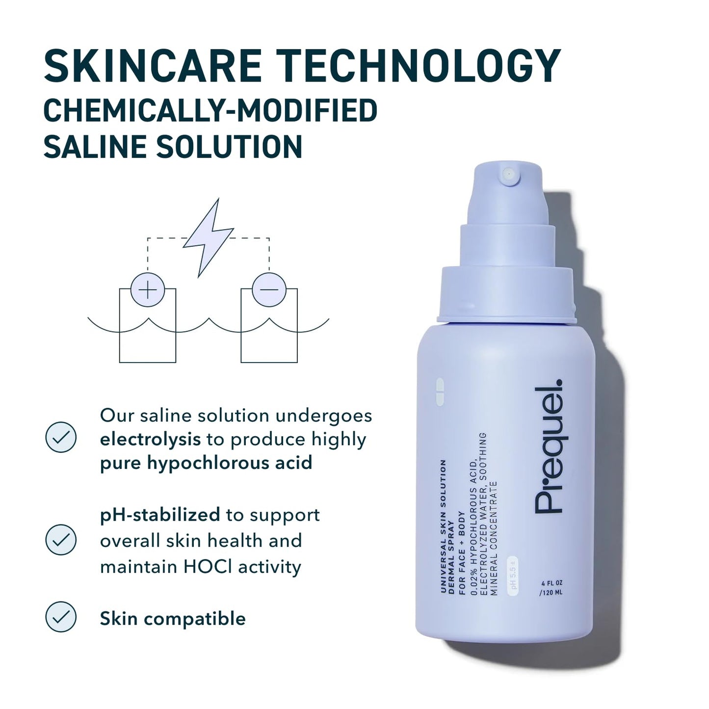 Prequel Skin Universal Skin Solution Hypochlorous Acid Spray for Face and Body. Fine Mist HOCL Facial Cleanser and Dermal Spray with Minerals