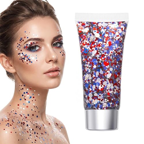 Red White Blue Hair Glitter Stick, 2026 New Patriotic USA Flag Star Chunky Face Body Outfits Sparkle Patriotic Pride Glitter for Soccer President's